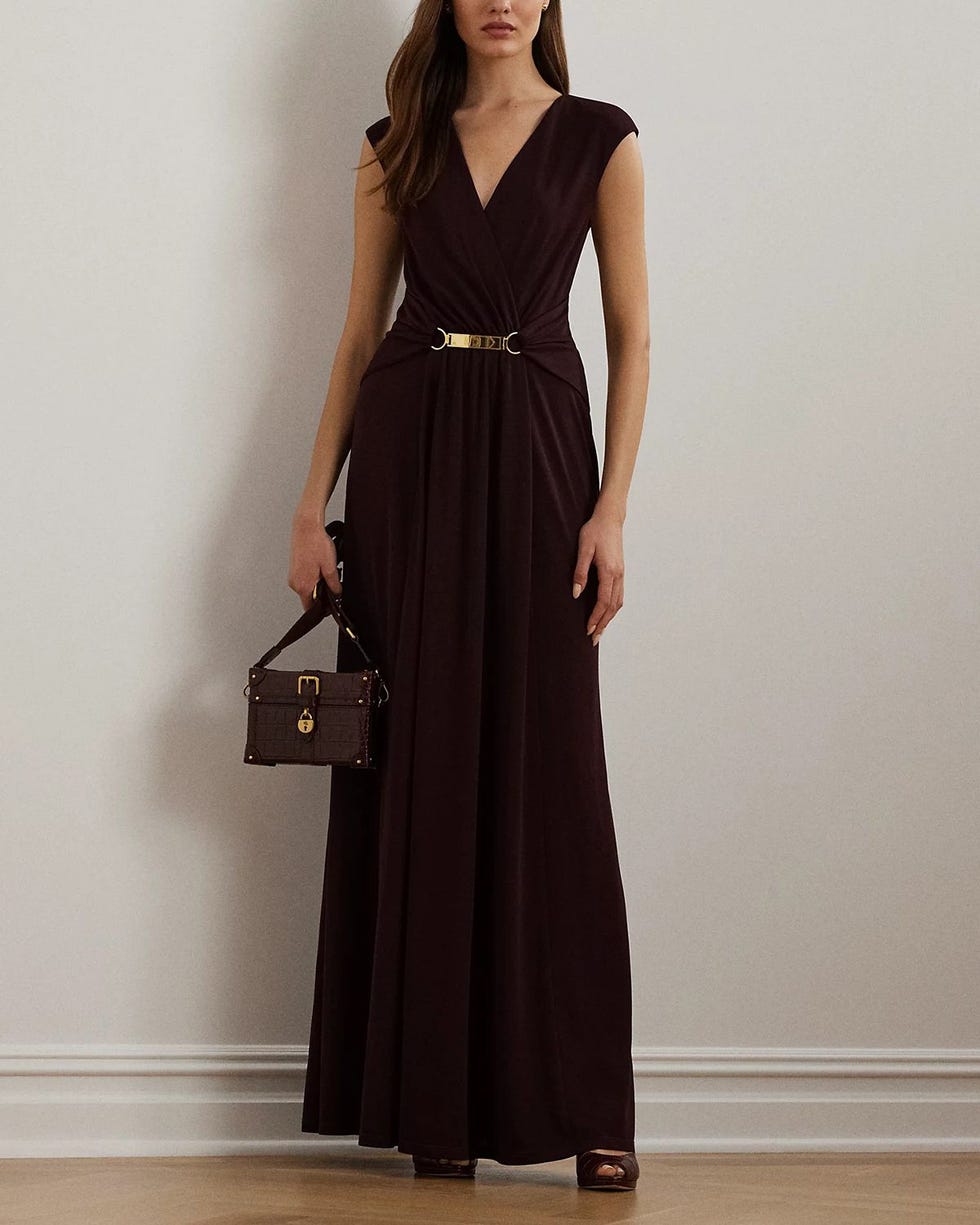 Buckle-Trim Jersey Surplice Gown