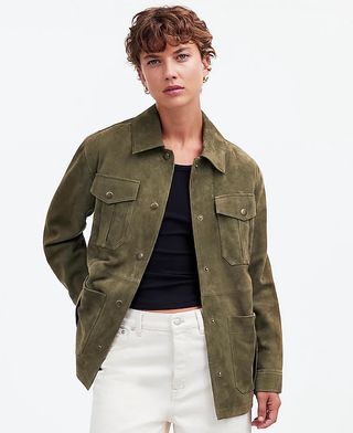 Madewell Belted Field Jacket in Suede olive.