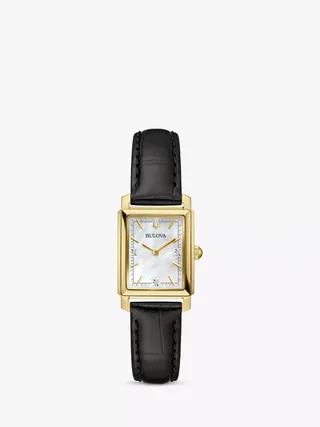 Bulova 97p166 Woman's Classic Diamond Leather Strap Watch, Black/mother-Of-Pearl